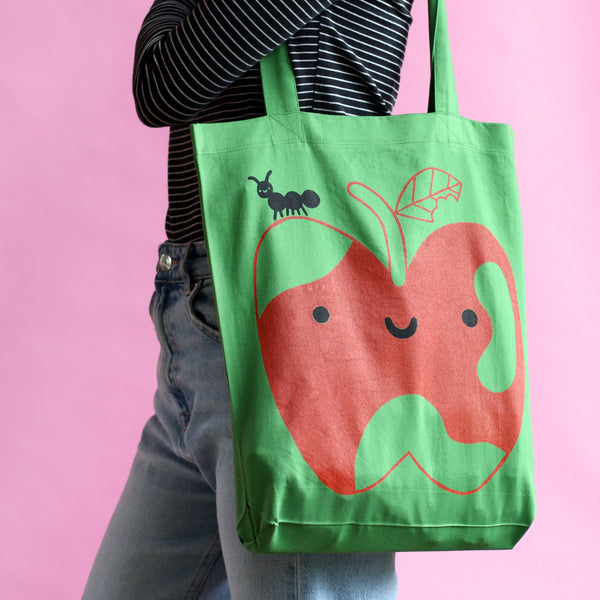 Hand Printed APPLE Tote Bag (100% Recycled Materials)