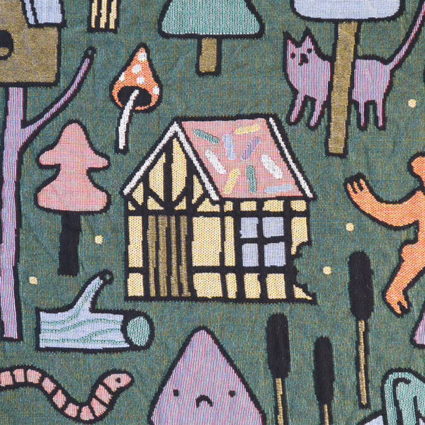 Gingerbread Candy House Detail of Woven Fairytale Forest Throw Blanket by Eva Stalinski 2021