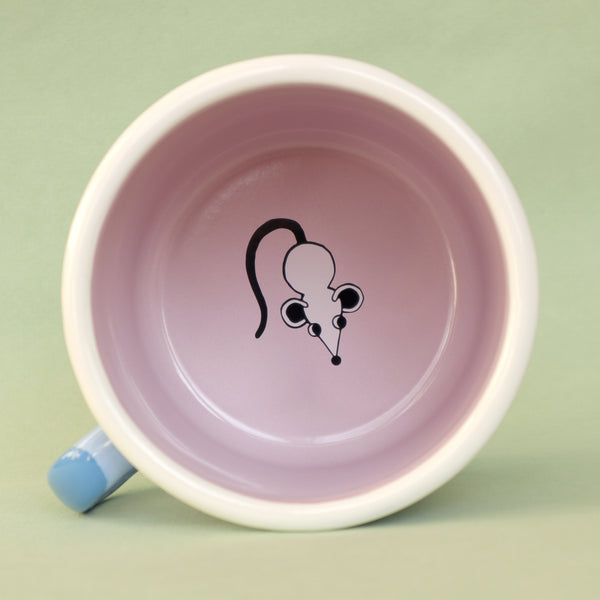 Inside View of A White Mouse in A Light Blue, Pink, Cream and Grey Enamel Cats Design Mug by Illustrator Eva Stalinski Featuring Sacred Birman, European British Shorthair, Kitten and Hairless Sphynx Cats, 2021. Produced by Family Owned Polish Factory Emalco Enamelware