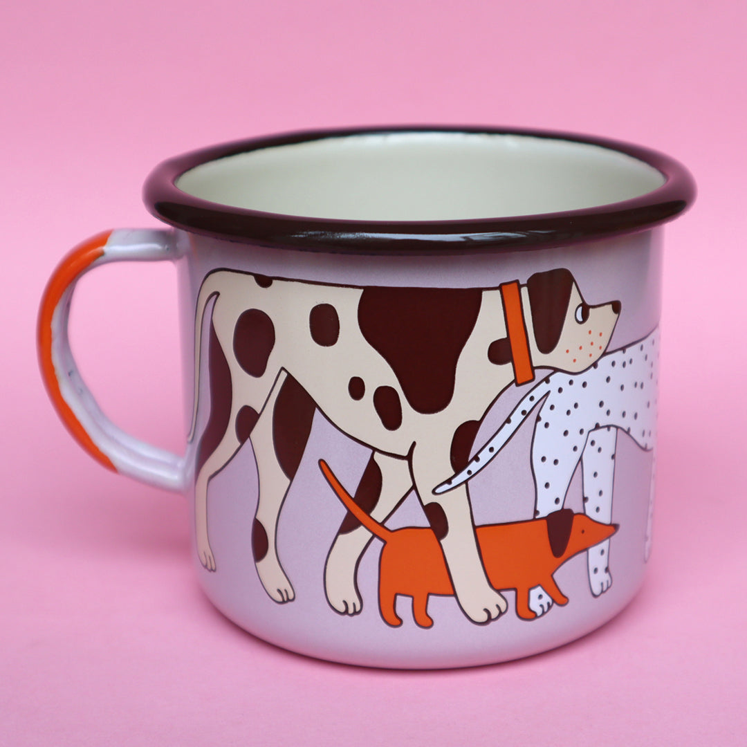Pink, Orange, Cream and Brown Enamel Dog Design Mug by Illustrator Eva Stalinski Featuring Great Dane, Dachshund, Dalmatian, Pug, Pointer and Jack Russell Dogs, 2020. Produced by Family Owned Polish Factory Emalco Enamelware