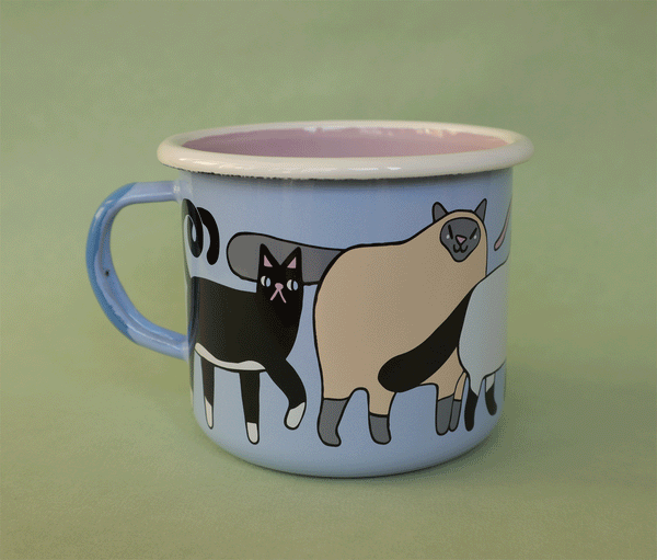 Rotating Gif of Enamel Cat Mug by Eva Stalinski