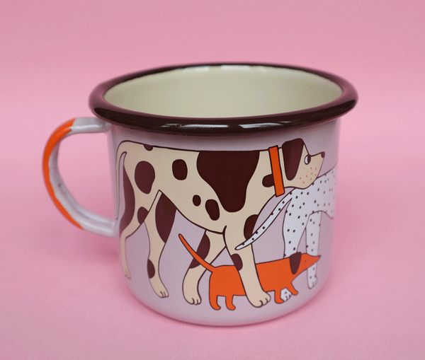 Gif Video of Rotating Pink, Orange, Cream and Brown Enamel Dog Design Mug by Illustrator Eva Stalinski Featuring Great Dane, Dachshund, Dalmatian, Pug, Pointer and Jack Russell Dogs, 2020. Produced by Family Owned Polish Factory Emalco Enamelware