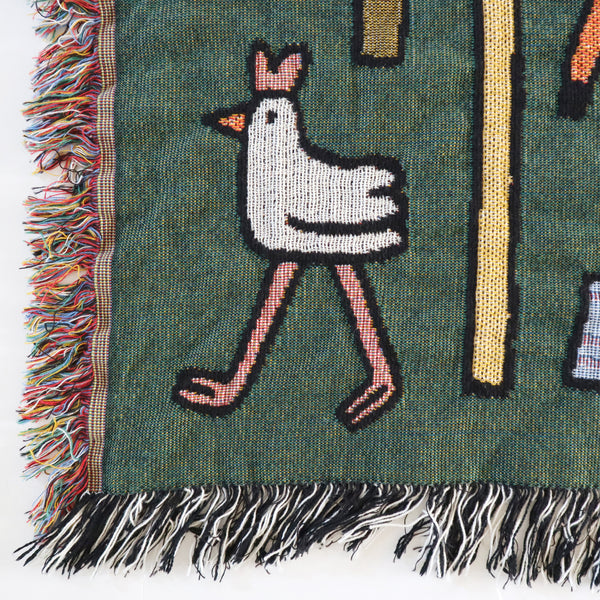 Small white Chicken Detail of Woven Fairytale Forest Throw Blanket by Eva Stalinski 2021