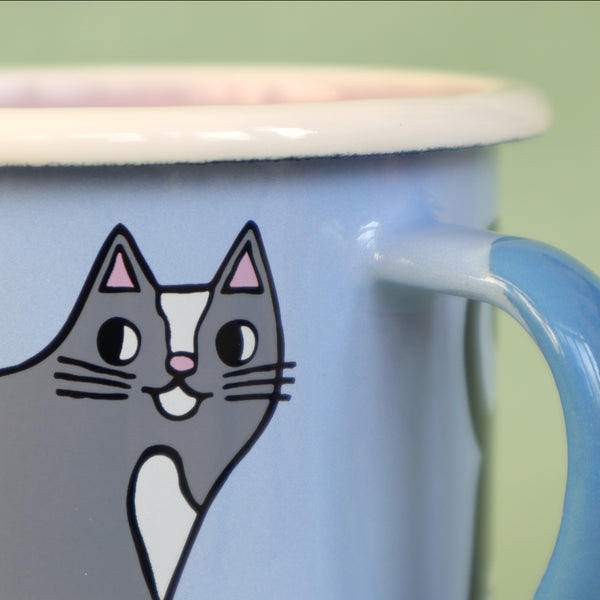 Detail of Light Blue, Pink, Cream and Grey Enamel Cats Design Mug by Illustrator Eva Stalinski Featuring Sacred Birman, European British Shorthair, Kitten and Hairless Sphynx Cats, 2021. Produced by Family Owned Polish Factory Emalco Enamelware
