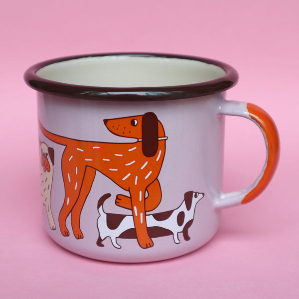 Side View of Pink, Orange, Cream and Brown Enamel Dog Design Mug by Illustrator Eva Stalinski Featuring Great Dane, Dachshund, Dalmatian, Pug, Pointer and Jack Russell Dogs, 2020. Produced by Family Owned Polish Factory Emalco Enamelware