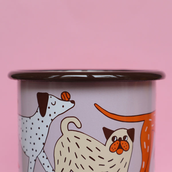 Pink, Orange, Cream and Brown Enamel Dog Design Mug by Illustrator Eva Stalinski Featuring Great Dane, Dachshund, Dalmatian, Pug, Pointer and Jack Russell Dogs, 2020. Produced by Family Owned Polish Factory Emalco Enamelware