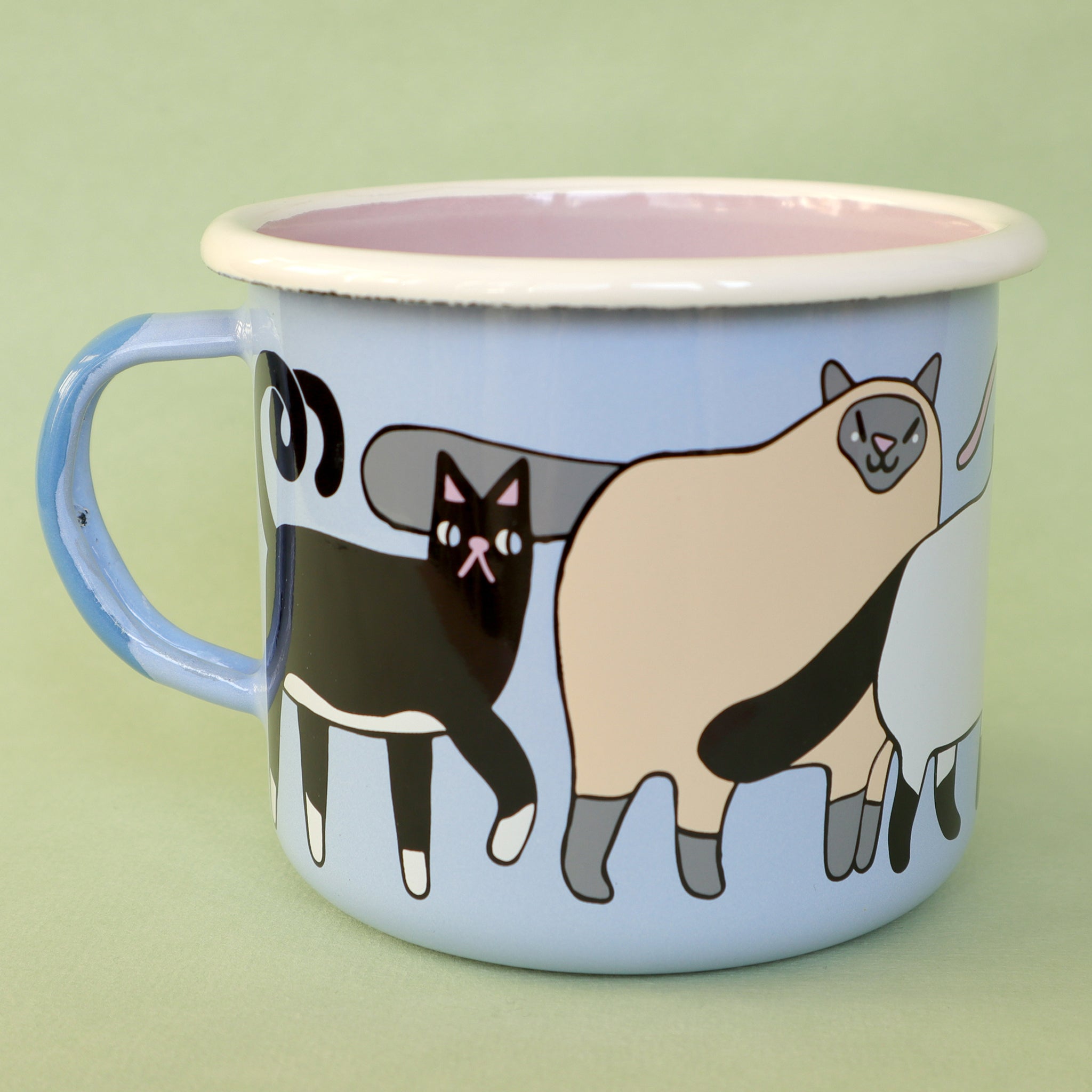 Light Blue, Pink, Cream and Grey Enamel Cats Design Mug by Illustrator Eva Stalinski Featuring Sacred Birman, European British Shorthair, Kitten and Hairless Sphynx Cats, 2021. Produced by Family Owned Polish Factory Emalco Enamelware